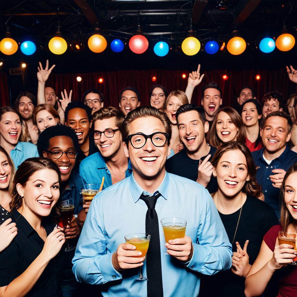 A vibrant comedy club scene featuring a diverse group of comedians performing stand-up, with an audience laughing heartily. Integrate elements of adult-themed humor, like playful cocktail glasses and cheeky props in the background. The stage should have colorful lights and a spotlight, emphasizing the performers' expressions of joy. Capture the lively atmosphere and connection between comedy and adult entertainment. super-realistic. vibrant colors. lively background.