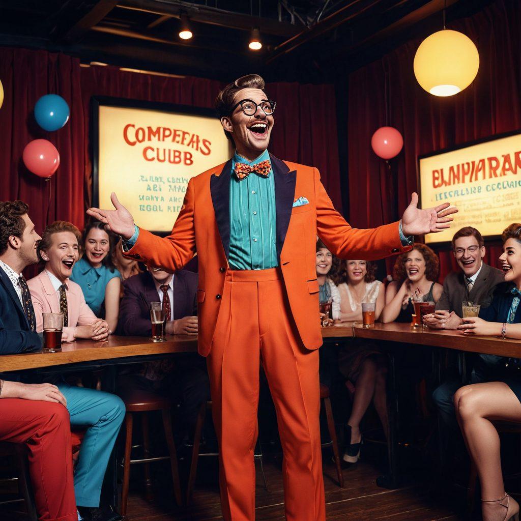 A whimsical and colorful illustration featuring a vintage comedy club scene with a stand-up comedian performing on stage, surrounded by an engaged audience of diverse adults, each character embodying a different comedic stereotype. The backdrop should include playful adult-themed props that reflect both humor and lifestyle, like oversized cocktails and playful posters. Add a spotlight effect highlighting the comedian, with laughter bubbles in the air, conveying a lively atmosphere. Illustrate with vibrant colors and a touch of exaggeration. cartoon style. vibrant colors.